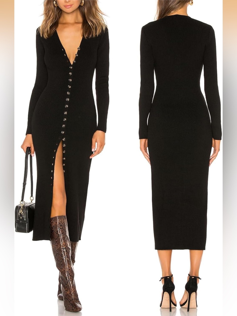 Black Ribbed Button-Front V-Neck Midi Dress